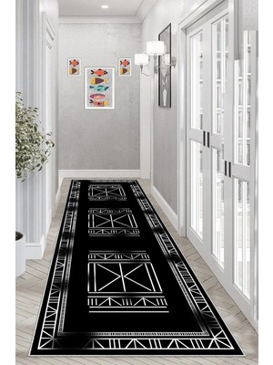 Vionna Pelangi Osmanlı Motifler Desenli Etnik Dijital Baskı Yıkanabilir Kaymaz Taban Salon Halı ve Yolluk (Siyah), Krem-Siyah 80 x 200, 95559022802007