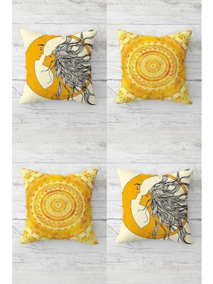 Vionna Pelangi Batik Desenli Ay ve Güneş Kız Tema Gizli Fermuarlı Kırlent Kılıfı Koltuk Yastık Kılıfı TAKIM(4ADET), Sarı-Gri 45 x 45