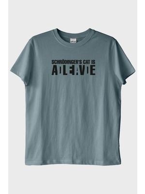 Lofux Schrödinger's Cat Alive Baskılı Bilim Tasarımlı Mavi Tişört
