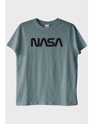 Lofux Nasa Baskılı Minimalist Tasarım Mavi Tişört
