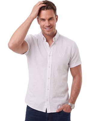 Deepsea Erkek Slim Fit Likralı Jakar Dokulu Beyaz Kısa Kol Gömlek – Esnek Nakış Armalı 2604356