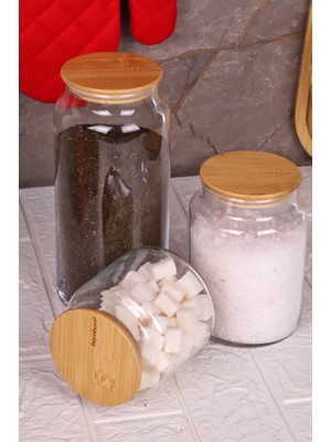 Vionna Zone - 3'lü Cam Saklama Kabı 600ML-800ML-1300ML Vakumlu Bambu Kapaklı