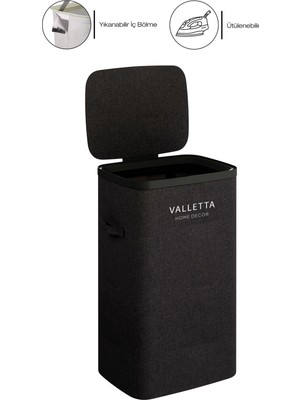 Vionna Valletta Paloma 60L Tek Yıkanabilir Bölmeli Katlanabilir Kumaş Kirli Çamaşır Sepeti Ink Black