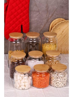 Vionna Zone - 9'lu Cam Saklama Kabı 600ML-800ML-1300ML Vakumlu Bambu Kapaklı