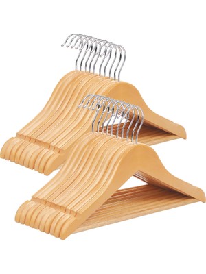 Vionna Songmıcs Çocuk Ahşap Askıları, 20'li Paket, Çentikli Askı, 360 Derece Döner Kanca, Doğal, 35 cm CRW006-20