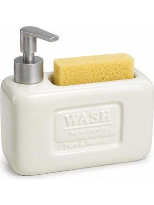 Vionna Gaga Seramik Süngerlikli Sıvı Sabunluk 500 ml - Pompalı Deterjanlık - Entegre Sünger Hazneli Mutfak ve Banyo Dispenseri - 18,5 x 7,5 x 10,5 cm Şık Tezgah Üstü Düzenleyici(Krem)