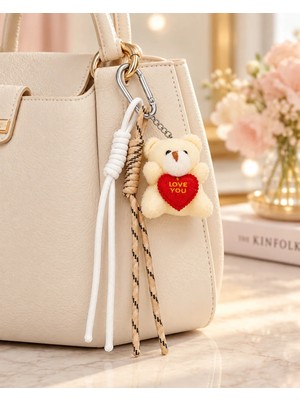 Kumru Studio Ekru Love Teddy Ayıcık Figürlü Ipli Çanta Charmı