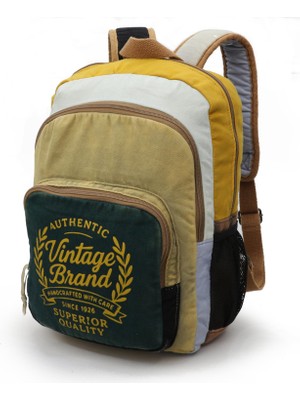 Vionna Cappadocia Vintage 4034 Patara Yeşil Krem Sırt Okul Seyahat 15.6 Inç Laptop Günlük Notebook Yumuşak Pamuk Kumaş Çanta