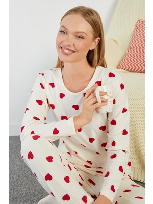 FullaModa Kalp Desenli Bisiklet Yaka Süet Pijama Takımı