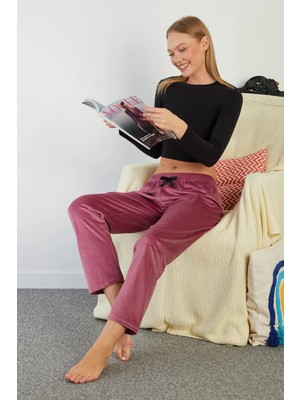 FullaModa Fiyonklu Beli Lastikli Kadife Pijama Altı