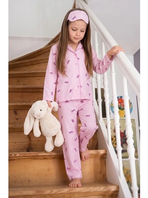 FullaModa Fiyonklu Çizgili Uyku Bantlı Kız Çocuk 3 Lü Pijama Takımı