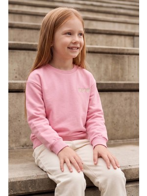 FullaModa 3 İplik Kalp Nakışlı Bisiklet Yaka Kız Çocuk Sweatshirt