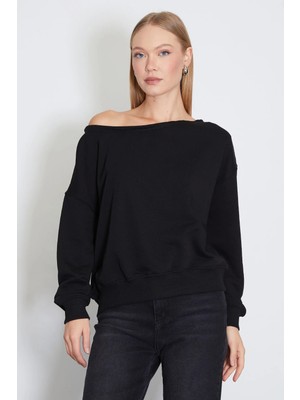 FullaModa 3 İplik Şardonsuz Kayık Yaka Oversize Sweatshirt