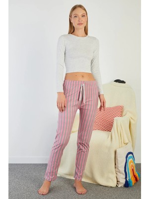 FullaModa Çizgili Beli Lastikli Süet Pijama Altı
