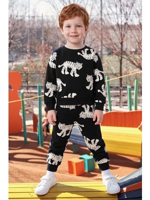FullaModa Kaplan Baskılı Bisiklet Yaka Jogger Erkek Çocuk 2 Li Takım