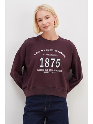 FullaModa 3 İplik Şardonsuz 1875 Baskılı Oversize Sweatshirt