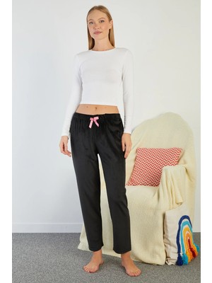 FullaModa Fiyonklu Beli Lastikli Kadife Pijama Altı