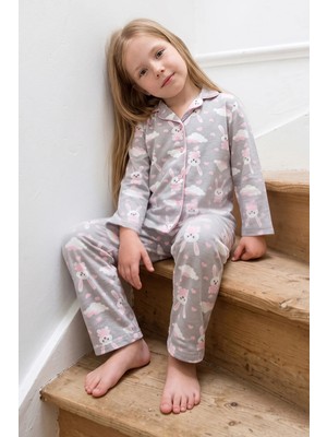 FullaModa Tavşan Desenli Düğmeli Uyku Bantlı Kız Çocuk 3 Lü Pijama Takımı