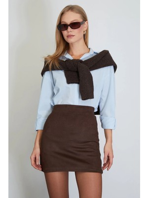 FullaModa Beli Lastikli Mini Boy Süet Etek