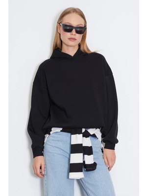 FullaModa 3 İplik Nervürlü Kapüşonlu Oversize Sweatshirt