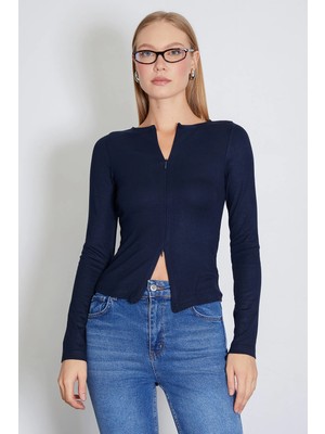 FullaModa Çift Fermuarlı Bisiklet Yaka Slim Fit Bluz