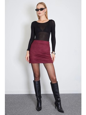 FullaModa Beli Lastikli Mini Boy Süet Etek