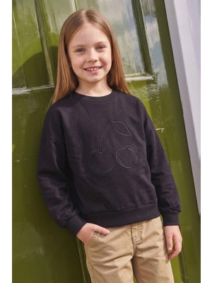 FullaModa Kiraz Nakışlı Bisiklet Yaka Kız Çocuk Sweatshirt