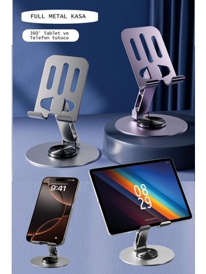 Vionna Duffa Premium Full Metal Masaüstü Tablet ve Telefon Standı - 360° Mekanik Döner Tabanlı Katlanabilir Telefon Tutucu, Tüm Tabletlerle Uyumlu Ayarlanabilir Metal Stand (Uzay Grisi)