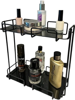 Vionna 2 Katlı 28X14 Siyah Banyo ve Kozmetik Düzenleyici - Çift Katlı Sunum ve Servis Tepsisi - Makyaj Organizeri