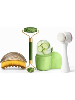 Cool Clean 4'lü Bakım Seti, Silikon Buz Yüz Rulosu, Çift Taraflı Yüz Temizleme Fırçası, Jade Roller ve Yüz Boyun Masaj Fırçası