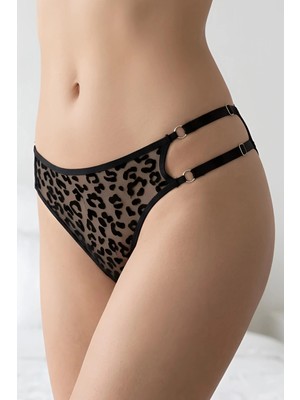 Cm Store Siyah Leopar Desenli Çift Yan Bantlı Ayarlanabilir String Külot TM1511