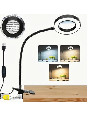 Hareketli 5x Büyüteçli LED Işıklı Masa Çalışma Lambası -Klips Tipi-Usb Kablolu