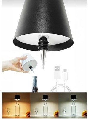 3 Renk USB Şarjlı Şişe Üstü LED Gece Lambası Masa Lambası Ambiyans (Siyah)