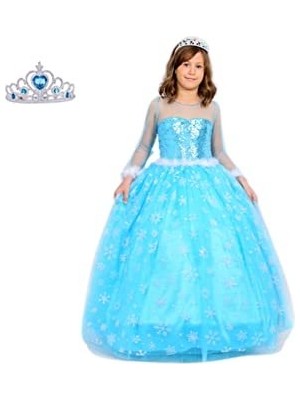 Happy Kids Kız Çocuk Mavi Uzun Kollu Elsa Elbise Tarlatanlı Hediyeli 6-7 Yaş Mavi