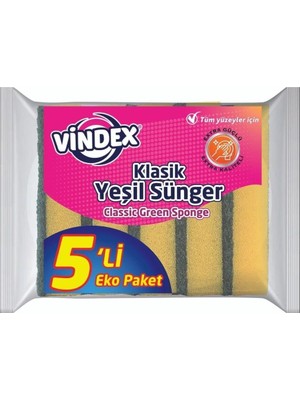 Vionna Vindex Klasik Yeşil Bulaşık Süngeri, 5'li Ekonomik Paket, Mutfak Temizliği Için