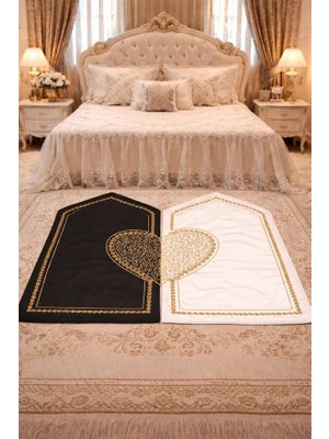 Kalpli Çift Seccade Seti Tespihli Gelin Damat Bohçası, Kadife Gold Nakışlı Seccade Takımı, Çeyizlik Hediyelik 2’li 70X120 cm