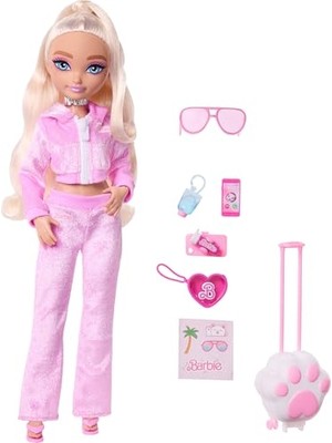 Vionna Barbie Dream Besties Malibu Weekend Outdoor, Pembe Sweatshirt ve Parmak Arası Terlikli, Uzun Sarı Saçlı Bebek Seyahat Temalı Kıyafet ve 7 Aksesuar Dahildir, JMV16