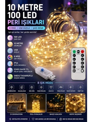Metre Sarı 100 LED Işıklar Peri Işıkları 8 Mod Rgb Işıkları USB Sarı Renkli Işık Peri Dize Işıkları Tel Fonksiyonlu Süsleme Ince Telli Aydınlatmalı Şerit LED Yılbaşı Işık Yılbaşı Süsü