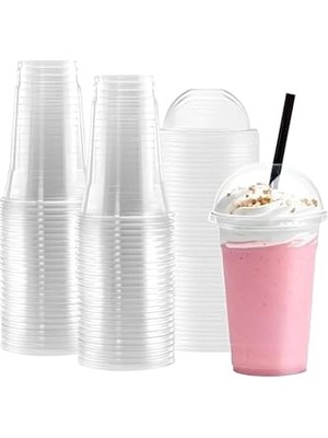 Vionna Plastik Şeffaf Bardak Kapaklı Milkshake Bardağı Kahve Bardağı Soğuk Içecek Bardağı 400ML 100 Adet
