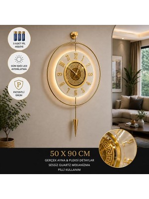 Aksesuar Gold-Beyaz - Masippi Kristal 12-24H - (Pilli Led) -Metal Ledli Duvar Saati Goldkristalseri 50 x 90