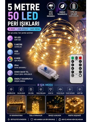 Metre Sarı 50 LED Işıklar Peri Işıkları 8 Mod Rgb Işıkları USB Sarı Renkli Işık Peri Dize Işıkları Tel Fonksiyonlu Süsleme Ince Telli Aydınlatmalı Şerit LED Yılbaşı Işık Yılbaşı Süsü