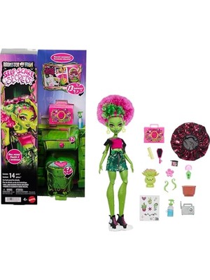Vionna Monster High Saç Bakım Ürünleri, Bone ve Bitki Dahil 13 Gerçekçi Sürpriz Içeren Monster High Güzellik Sırları Venus Mcflytrap Bebek ve Aksesuar Seti, JHK45