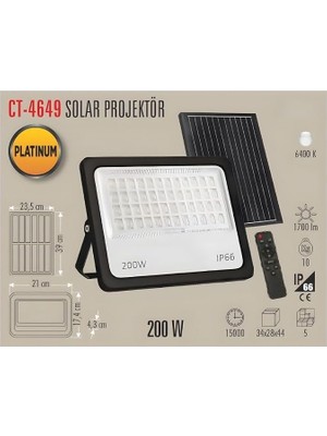 CT-4649 200W Solar LED Projektör, Kumandalı, Beyaz Işık