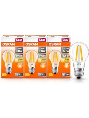 Vionna Osram LED Filament Ampul 6.5W (60W Eşdeğer) 2700K Sarı Işık 806 Lümen E27 Duy – 3’lü Paket – E Enerji Sınıfı – 360° Işık – 105X60 mm – Dimmer Uyumlu Değil          [enerji Sınıfı E]