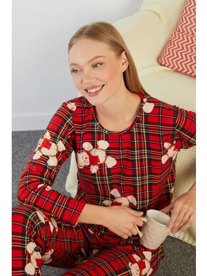 FullaModa Ayıcıklı Ekose Desenli Bisiklet Yaka Süet Pijama Takımı