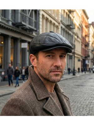 Emybox %100 Hakiki Deri 8 Köşe Kasket Şapka - Peaky Blinders Tarzı Lastikli Erkek Şapka