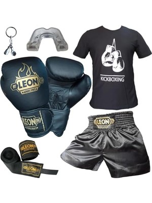 Vionna Boks Eldiveni, Leon Kick Boks Şortu, Tişört, Bandaj, Dişlik Seti Siyah (Siyah, Xl)