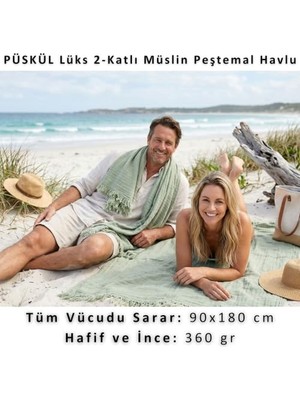 Vionna Püskül Lüks Müslin Plaj Havlusu Peştemal, Sage Yeşil, 90X180 Cm, 1-Adet