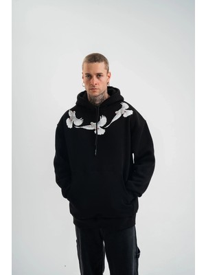 Tarz Yeri Erkek 3 Iplik Pamuklu Kapüşonlu Baskılı Cepli Oversize Sweatshirt Hoodie - Siyah