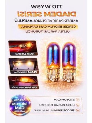 Vionna T10 WY5W Diadem Serisi Amber Park ve Plaka Ampulü, Gerçek Iridyum Cam Kaplama, Ultra Parlak Turuncu